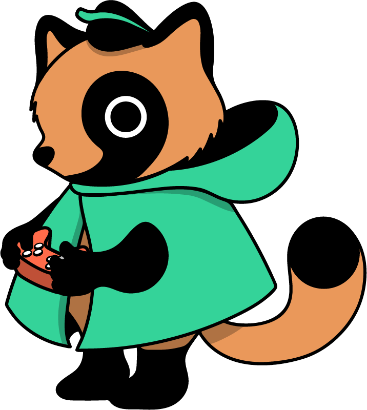 The Asobi tanuki, cloaked and holding a controller
